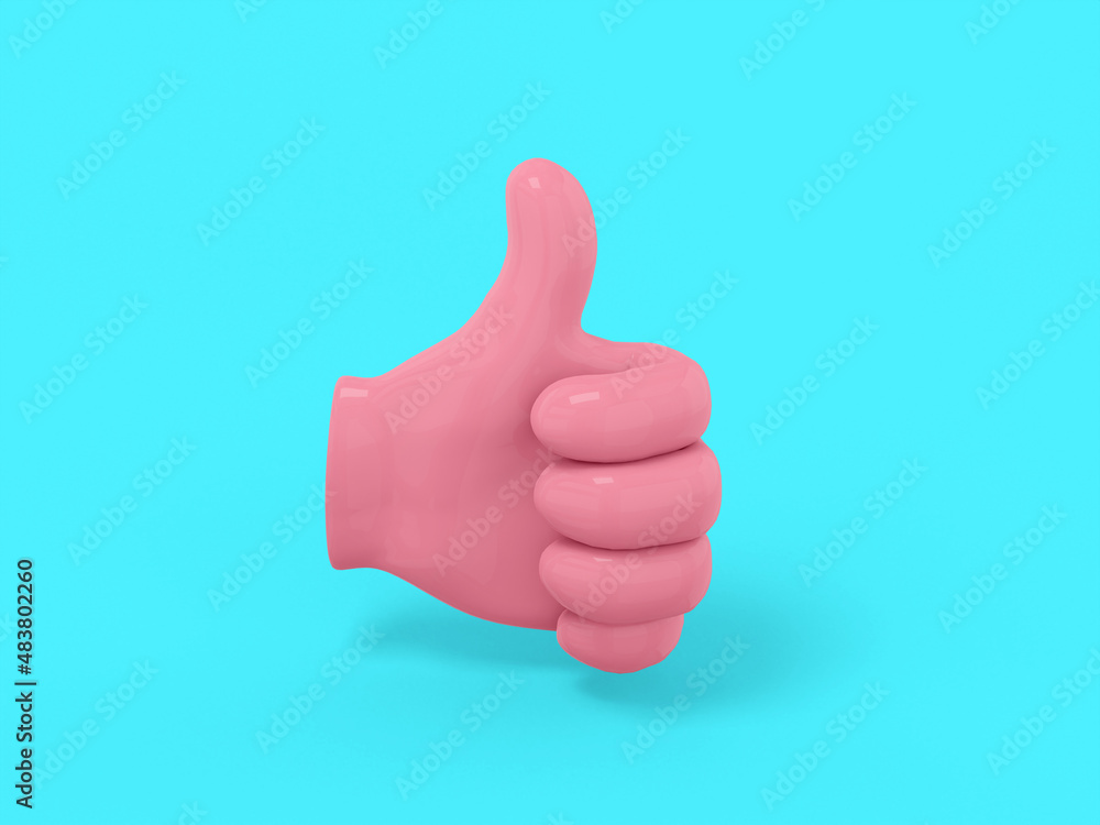 Pink single color palm with thumb up on a blue monochrome background. Minimalistic design object. 3d rendering icon ui ux interface element. Pink single color palm with thumb up on a blue monochrome background. Minimalistic design object. 3d rendering icon ui ux interface element.