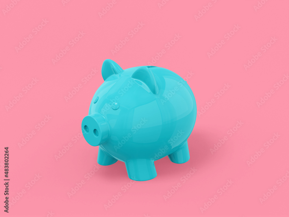 Blue one color piggy bank on pink flat background. Minimalistic design object. 3d rendering icon ui ux interface element.