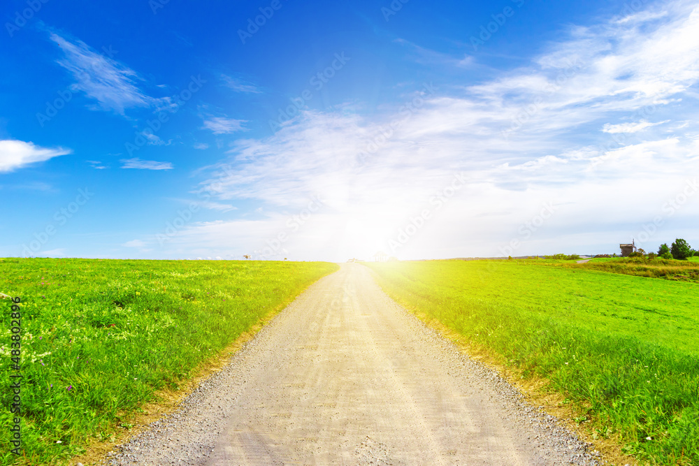 Road in a field of green grass and blue sky. Bright sunny summer day. Road in a field of green grass and blue sky. Bright sunny summer day.