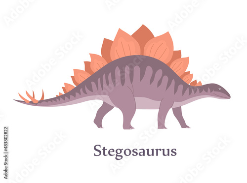 Stegosaurus with spikes on the tail. Herbivorous dinosaur of the Jurassic period. Vector isolated cartoon illustration. White background © Mikhail Ognev