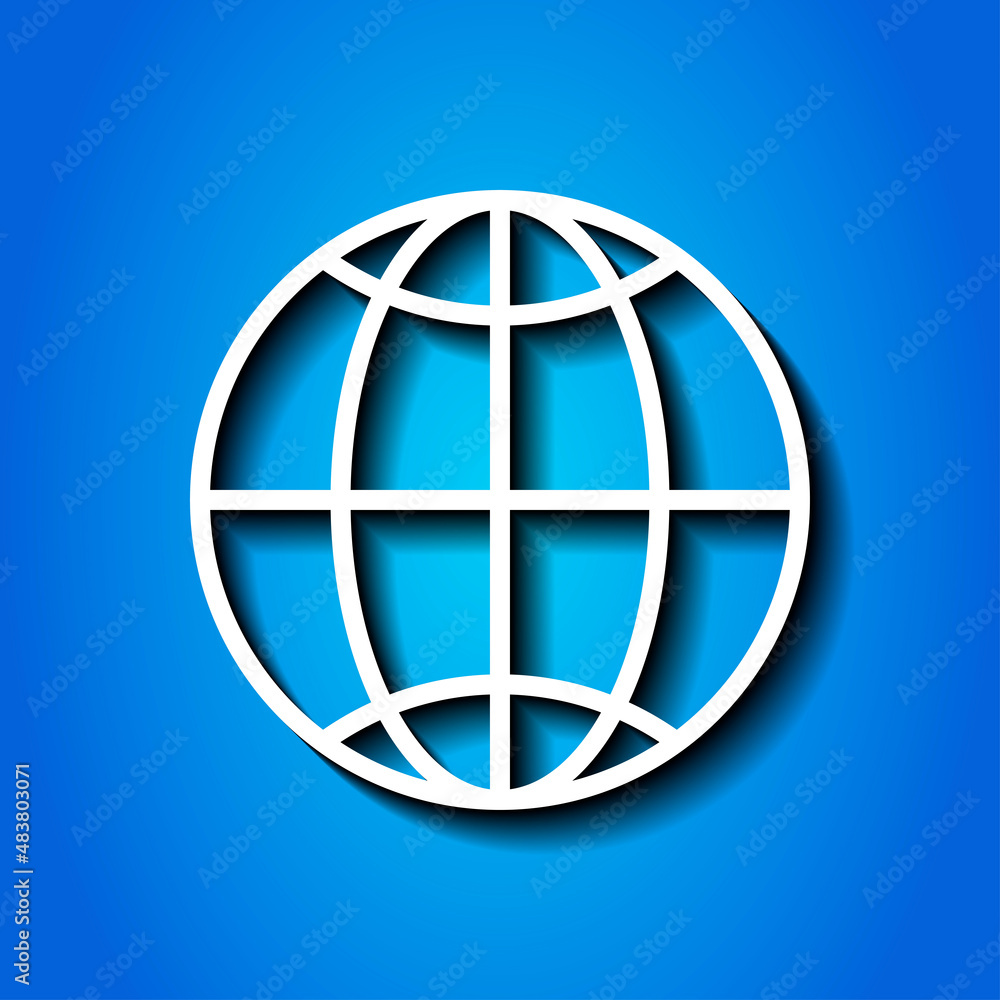 Globe, planet simple icon. Flat desing. White icon with shadow on blue background.ai Globe, planet simple icon. Flat desing. White icon with shadow on blue background.ai