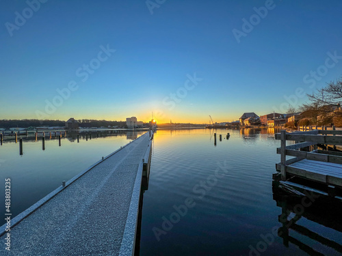 pier at sunrise in the port of Flensburg, Schleswig Holstein, Northern Germany