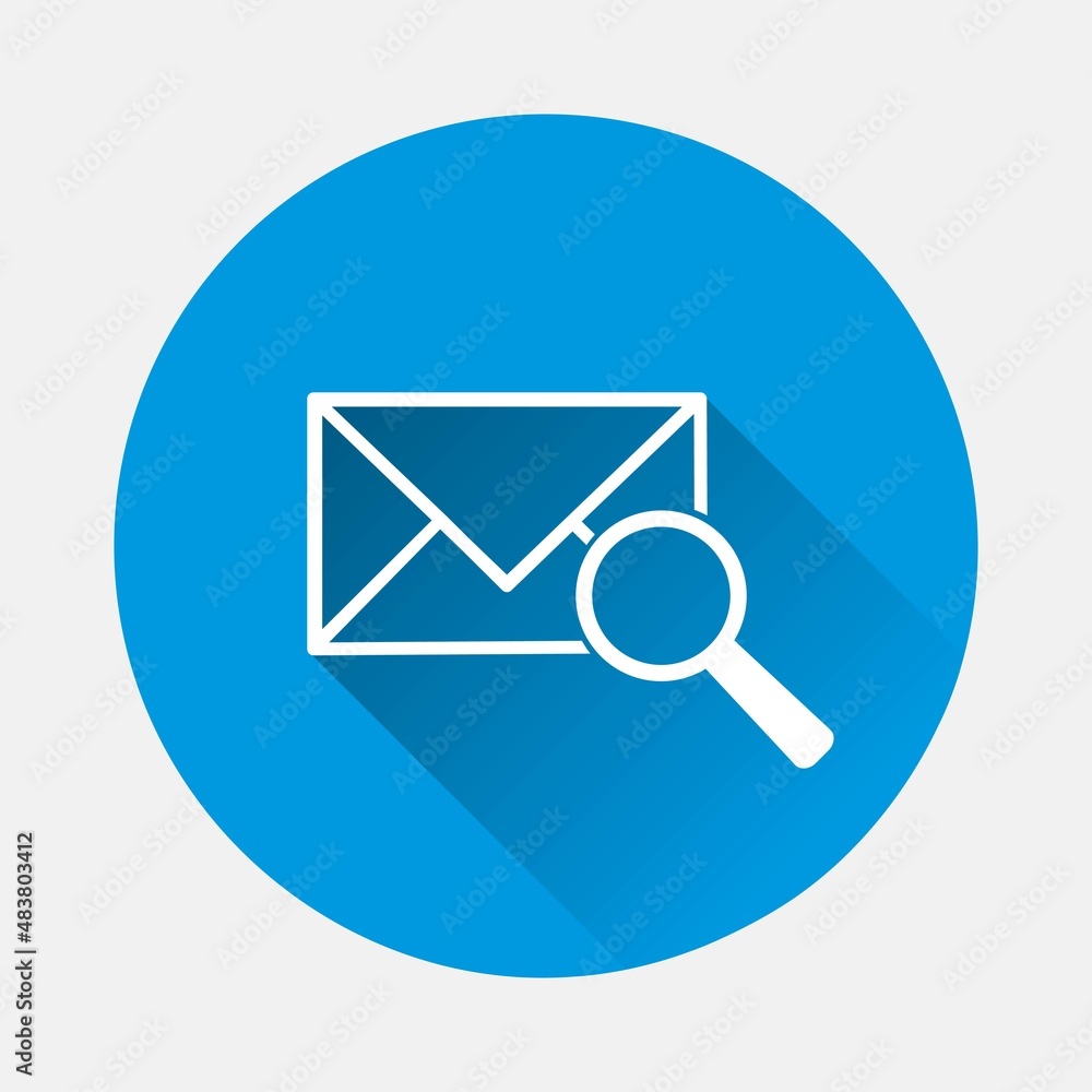 Vector icon of envelope and magnifier, magnifying glass on blue background. Flat image with long shadow. Layers grouped for easy editing illustration. For your design.