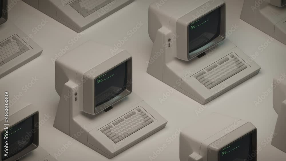 Old PC or personal computers with keyboard dynamic motion. Abstract 3D Render pattern. Source code on screens, displays. Grey, white colors. Vintage 80s, 90s retro style 4K seamless loop animation Old PC or personal computers with keyboard dynamic motion. Abstract 3D Render pattern. Source code on screens, displays. Grey, white colors. Vintage 80s, 90s retro style 4K seamless loop animation