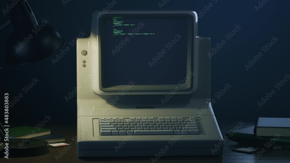 Old personal computer or PC with source code running on screen, display. Dynamic noise, glitch effects. Table lamp light blinking. Retro style composition. Vintage 70s, 80s monitor 3D Render animation Old personal computer or PC with source code running on screen, display. Dynamic noise, glitch effects. Table lamp light blinking. Retro style composition. Vintage 70s, 80s monitor 3D Render animation