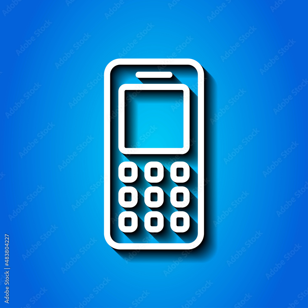 Mobile phone simple icon. Flat desing. White icon with shadow on blue background.ai Mobile phone simple icon. Flat desing. White icon with shadow on blue background.ai