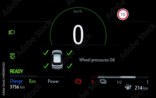Wheel pressures indicator on car dashboard. TPMS (Tyre Pressure Monitoring System) on panel. Checking tires pressures. Car cluster in EV full electric car. photo