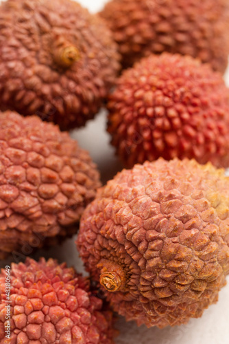 Lychee fruits close up. Top view.