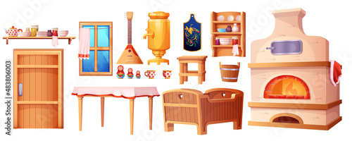 Cartoon old interior elements of the Russian hut. Ancient kitchen with traditional stove, wooden baby cradle, table, samovar set isolated on white background. Ukrainian rural house with window, door.