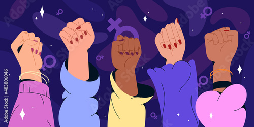 Flat women hands different nationalities with feminism fists raised up. Gender equality, feminist movement, protest or revolution concept. Fist gesture symbol of strength, woman rights or female power