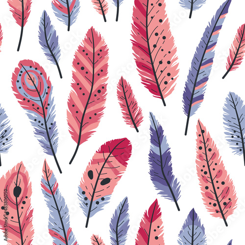 Seamless pattern of decorative colored animals tribal feathers. Decorative ethnic stylize feather ornamental indian aztec design, colored boho hippie birds. Rustic decorative feathers background.