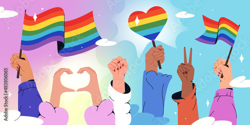 Flat human hands holding rainbow flags symbol of LGBT and showing heart and peace gestures on parade. Pride month celebration against discrimination, violence. LGBTQ rights protection protest concept.