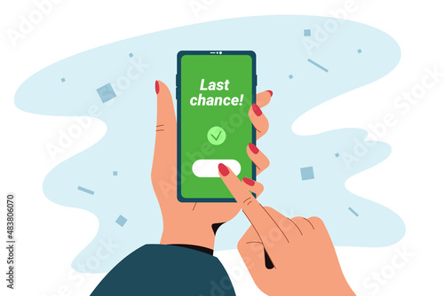 Last chance flat vector illustration. Human hand with mobile phone buy online at special best price. Final discount or mega sale concept. Advertising discounts or promotional offer. Smartphone message