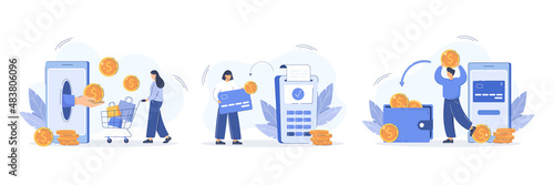Cashback and saving money concept. Flat illustration set of buyer characters pay online and cash refund for purchase on credit card and wallet. Financial savings and coins loyalty rewards program.
