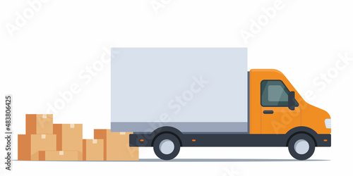 Lorry and pile of boxes. Transportation of goods and construction materials, heavy volume and weight, delivery when ordering goods, movement. Cargo Truck. Vector illustration.