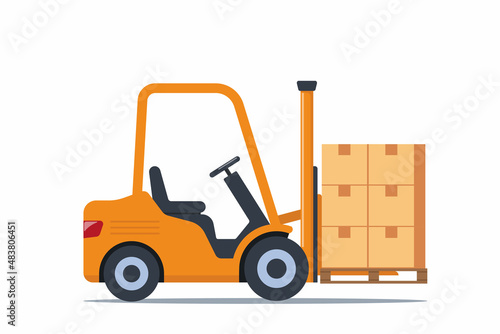 Forklift, warehouse equipment for lifting boxed, loading cardboards on pallets. Forklift with parcels. Stockroom loader for cargo. Flat vector illustration.
