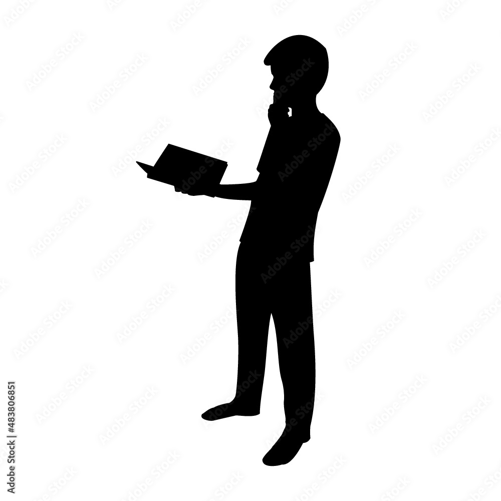 Silhouette of male kid reading a book while thinking Silhouette of male kid reading a book while thinking