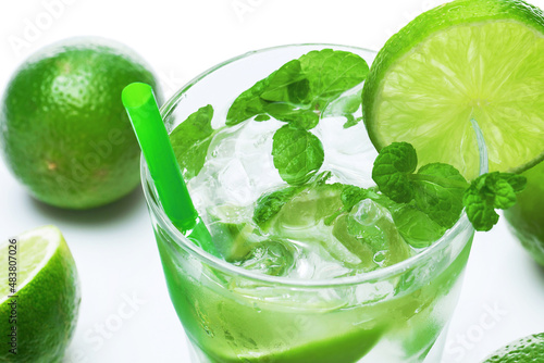 Mojito highball cocktail or refreshing drink with lime and mint