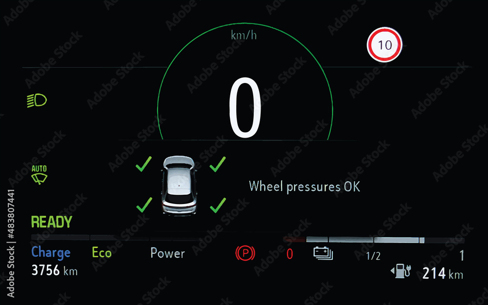 Vector illustration of wheel pressures indicator on car dashboard. TPMS