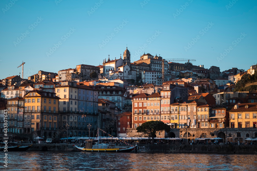 View of the the historic Ribeiro quarter in Porto, Portugal. .