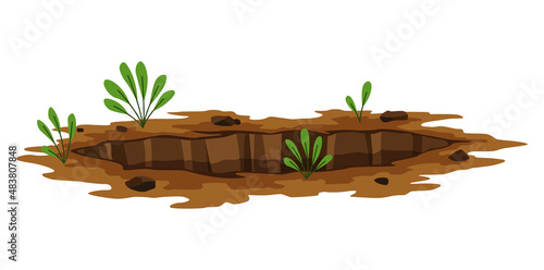 Hole ground. Entrance underground, big crack or ruin. Dirty, dark entrance, detailed drawing in cartoon style. Ground hole, deep pit with grass and stones. Cartoon den of wild animal