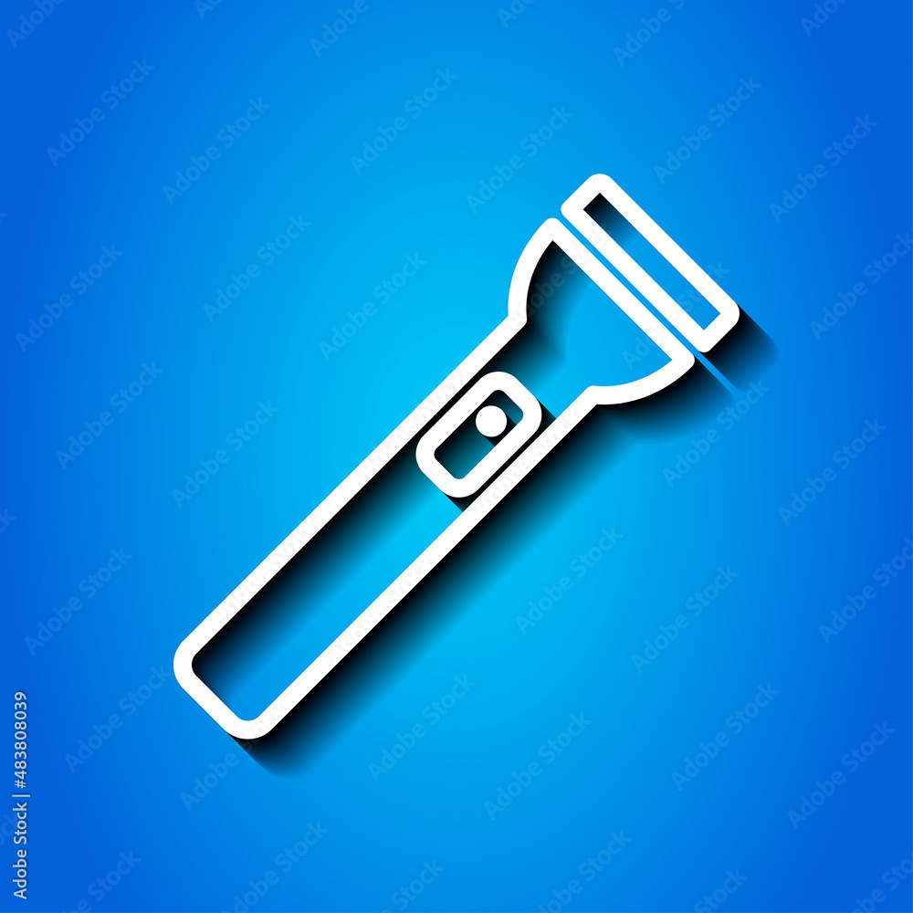 Flashlight simple icon vector. Flat desing. White icon with shadow on blue background.ai Flashlight simple icon vector. Flat desing. White icon with shadow on blue background.ai