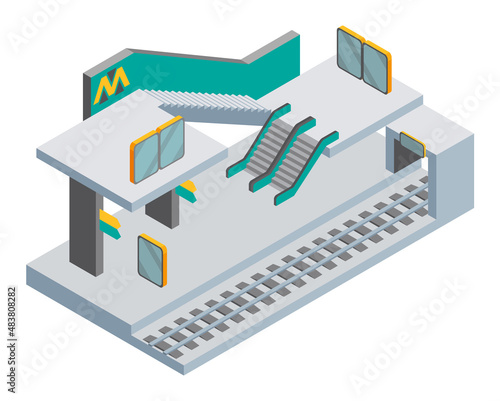 Isometric subway station concept. Platform, escalator and information stand. Empty waiting platform. Underground public transport, rail vehicle, urban travel concept. Banner vector template
