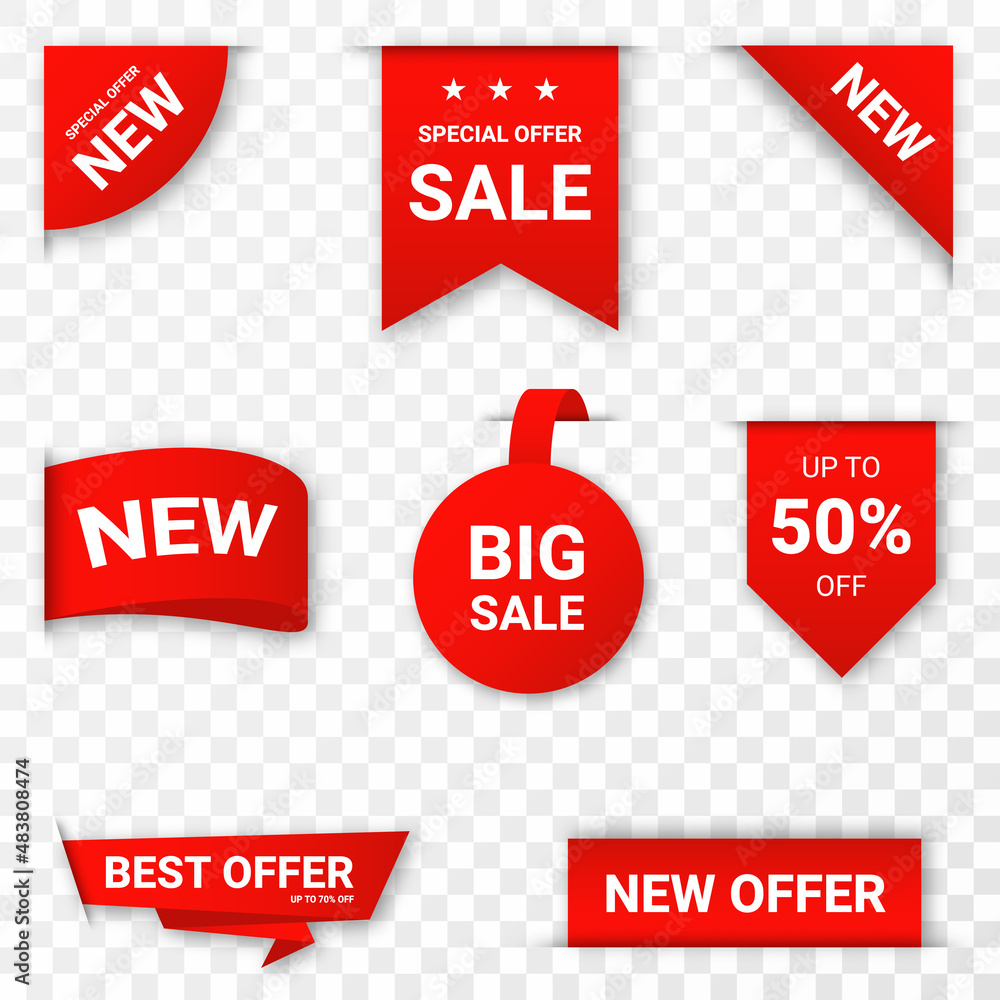 Set of new stickers, sale tags and labels. Shopping stickers and badges for  merchandising and promotion. Special offer, new collection, discount. Red  stickers and tags for web banners. Vector Stock Vector