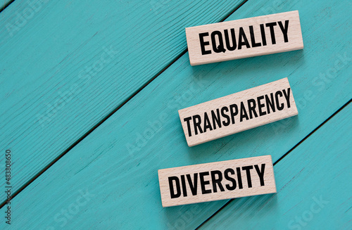 EQUALITY TRANSPARENCY DIVERSITY - words on wooden blocks on a turquoise background