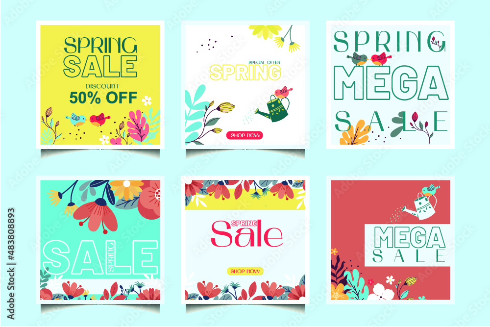 spring discounts, big discounts, instagram posters, collection of discount templates, spring flowers, bright spring templates, birds, spring, shop now