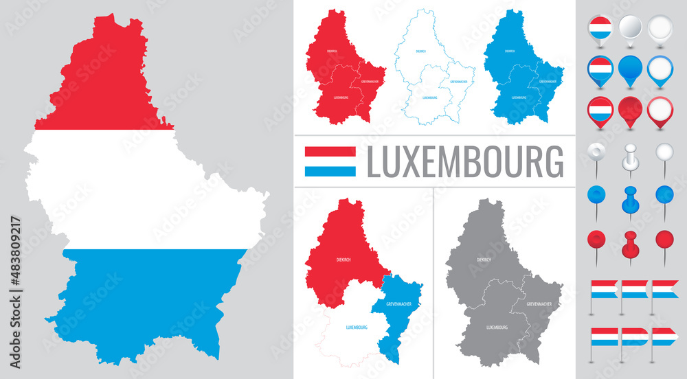 luxembourg vector map with flag, globe and icons on white background - obrazy, fototapety, plakaty 