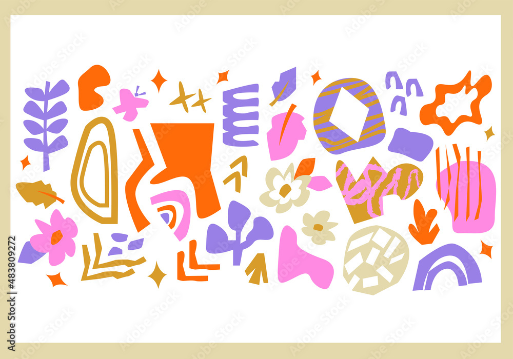 Fototapeta premium Abstract set with cartoon flowers, plants, butterfly. Decorative illustration with vector doodles. Hand-drawn shapes 