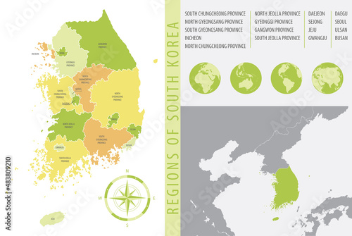 Detailed map of South Korea  with administrative divisions of the country, color vector illustration
