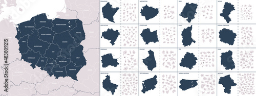 Vector color detailed map of Poland with administrative divisions of the country, each provinces (voivodeships) is presented separately in-highly detailed and divided into counties (powiats)