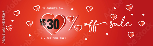 30 % off Valentine's Day Sale handwritten typography lettering line design with many sweet white red hearts Promotion shopping template