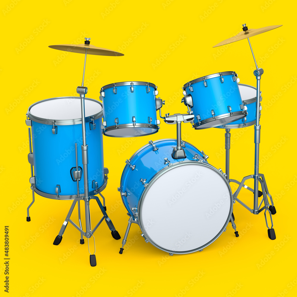 Set of realistic drums with metal cymbals or drumset on yellow background Set of realistic drums with metal cymbals or drumset on yellow background