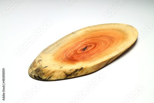 Wood cutting board for homemade bread cooking isolated on white background. Empty wooden tray at white	