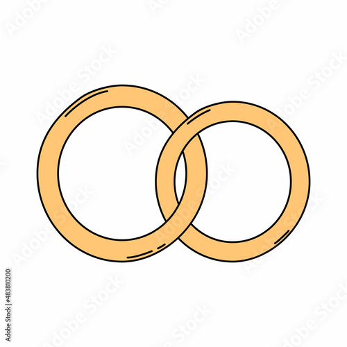 Two gold wedding rings in cartoon style. The symbol of the wedding ceremony. Vector illustration isolated on a white