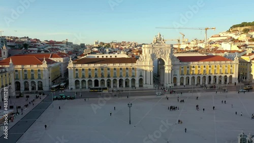 Aerial drone view of the Augusta Street Arch from Commerce Square in Lisbon, Portugal. Winter sunset. (ID: 483810281)