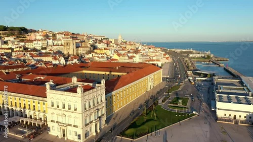 Aerial drone view of the Augusta Street Arch from Commerce Square in Lisbon, Portugal. Winter sunset. (ID: 483810478)