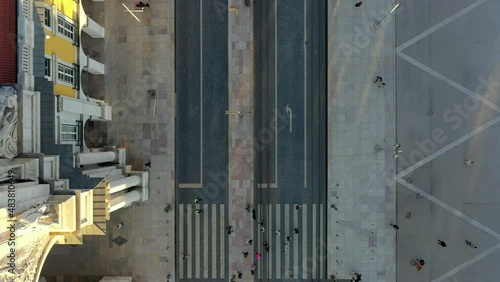 Aerial drone view of the Augusta Street Arch from Commerce Square in Lisbon, Portugal. (ID: 483810649)