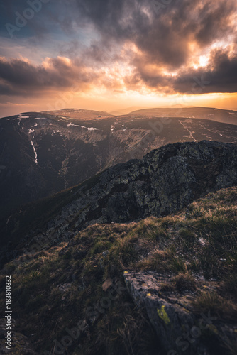 Sunset from the highest Czech mountain Snezka