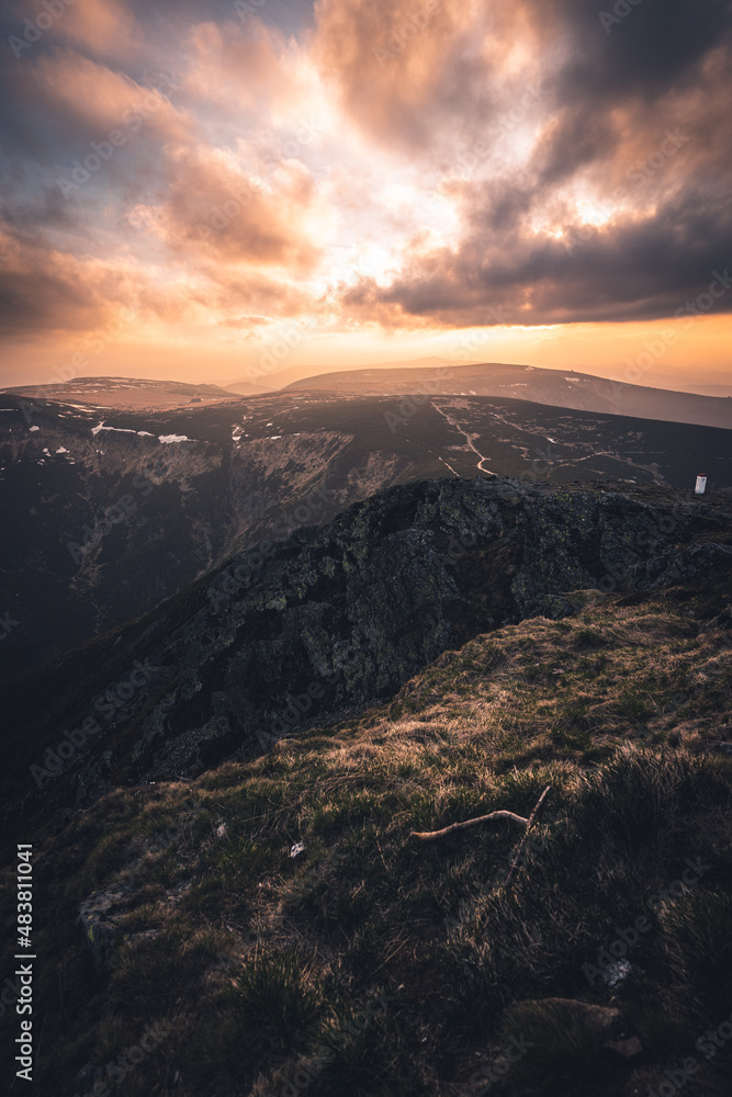 Sunset from the highest Czech mountain Snezka