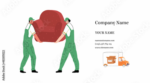 Vector layout, business card template with the image of employees of the cargo transportation service, transporting furniture. Truck with load, box is depicted. There is empty space for personal data.