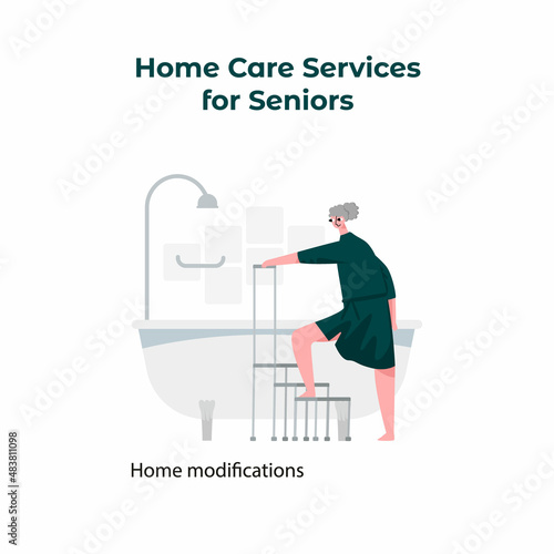 Vector flat isolated illustration of an elderly woman who is climbing into a bathtub using a ladder and handrails. Concept of care and services for the elderly, disabled, useful modifications.
