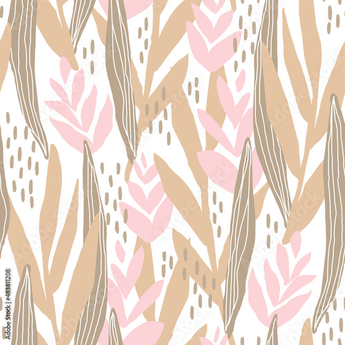 Artistic seamless pattern with abstract plants. Colorful floral illustration for paper and gift wrap. Fabric print modern design. Creative stylish background.