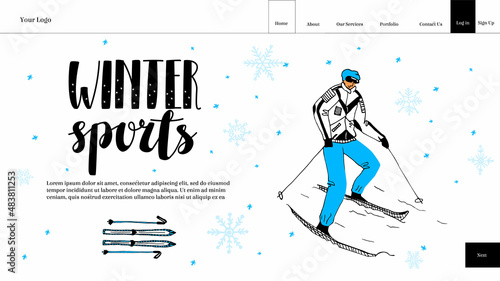 Vector flat illustration layout, landing page template, home page of sports, winter clothing and equipment store with buttons. There is lettering, buttons, downhill skiing athlete, lettering, skiing. photo