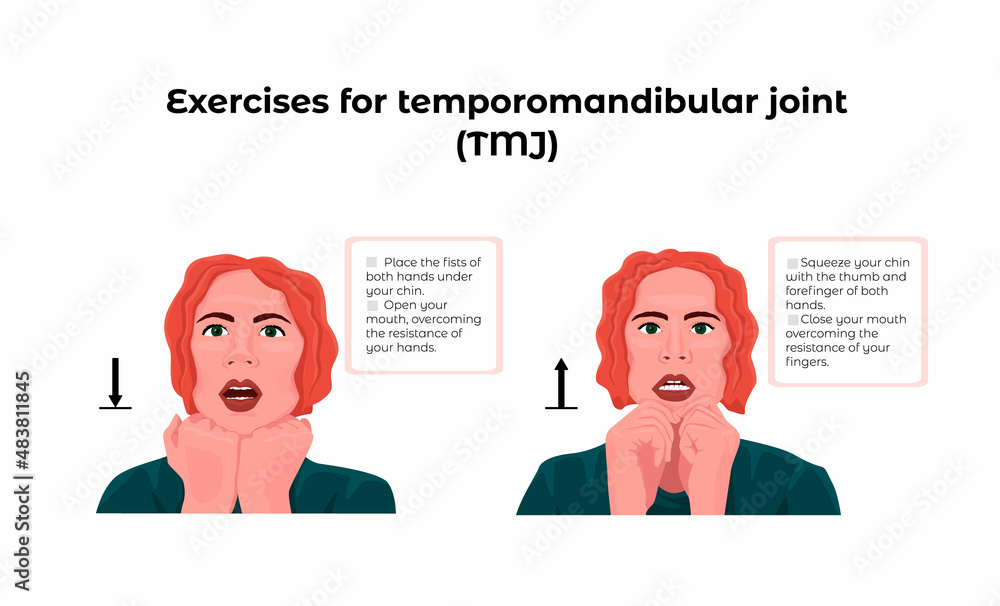 Vector illustration with a set of exercises for temporomandibular joint, TMJ. The first exercise