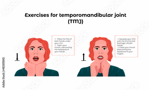 Vector illustration with a set of exercises for temporomandibular joint, TMJ. The first exercise is post isometric relaxation when opening mouth, the second when closing, with resistance.