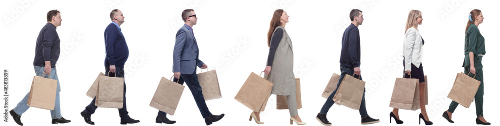 a group of people are running paper shopping bags a group of people are running paper shopping bags